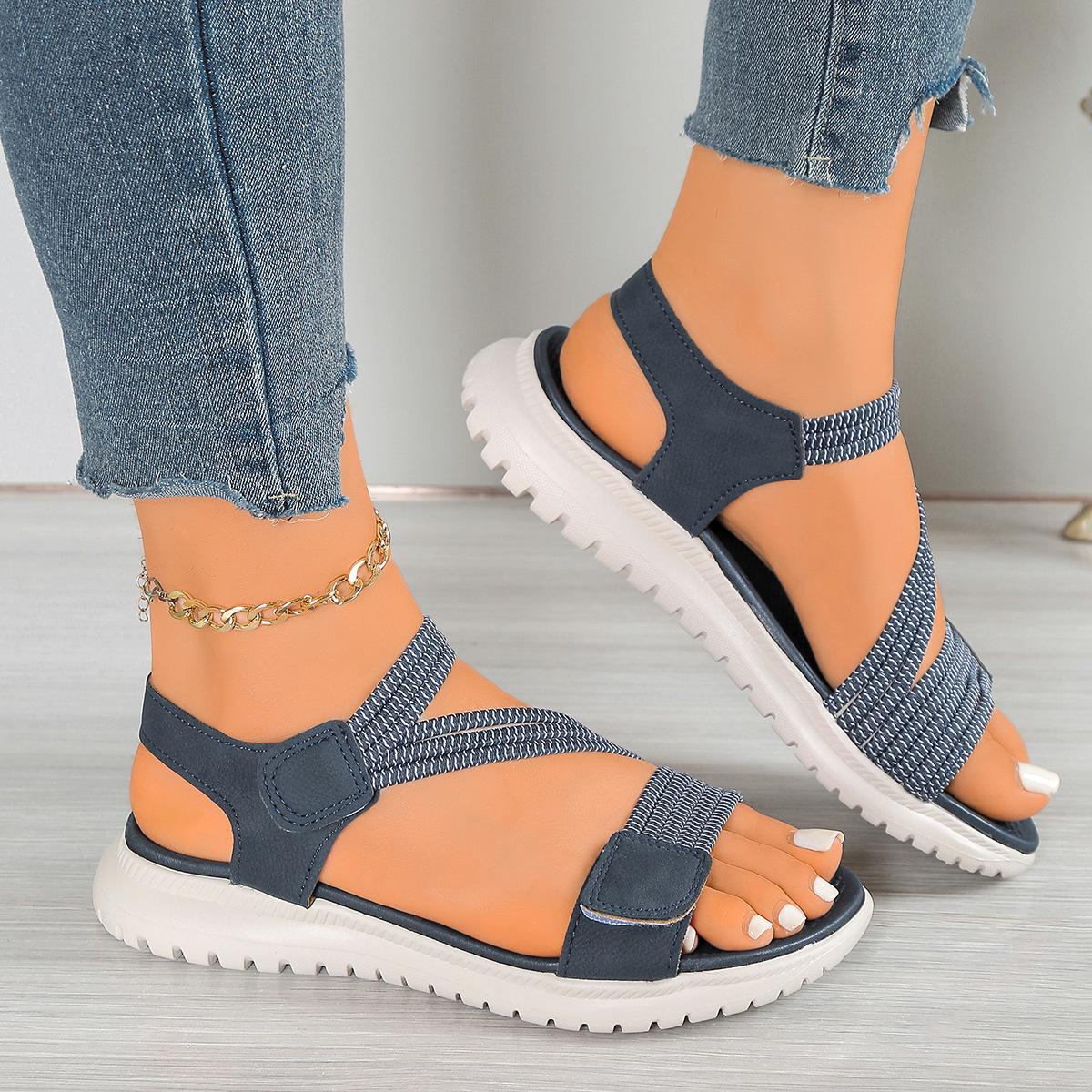 

European and American large size 2025 elastic band beach sandals light sports wind rubber band large size Velcro sandals 43 тёмно-синий