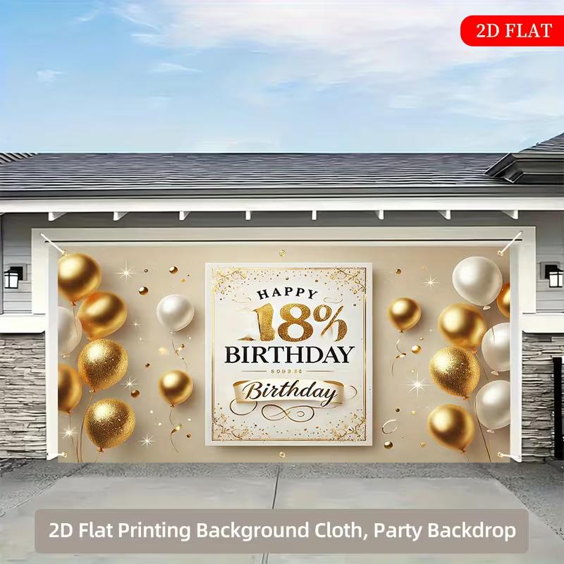 2D Gold Balloon 18 Happy Birthday Party Decoration Backdrop with Ribbon