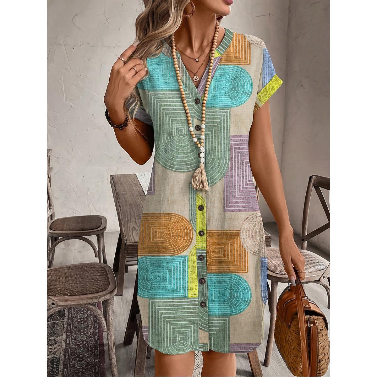Women s V Neck Short Sleeve Geometric Print Mini Dress Loose Waist Elegant A Line Shirt Dress S