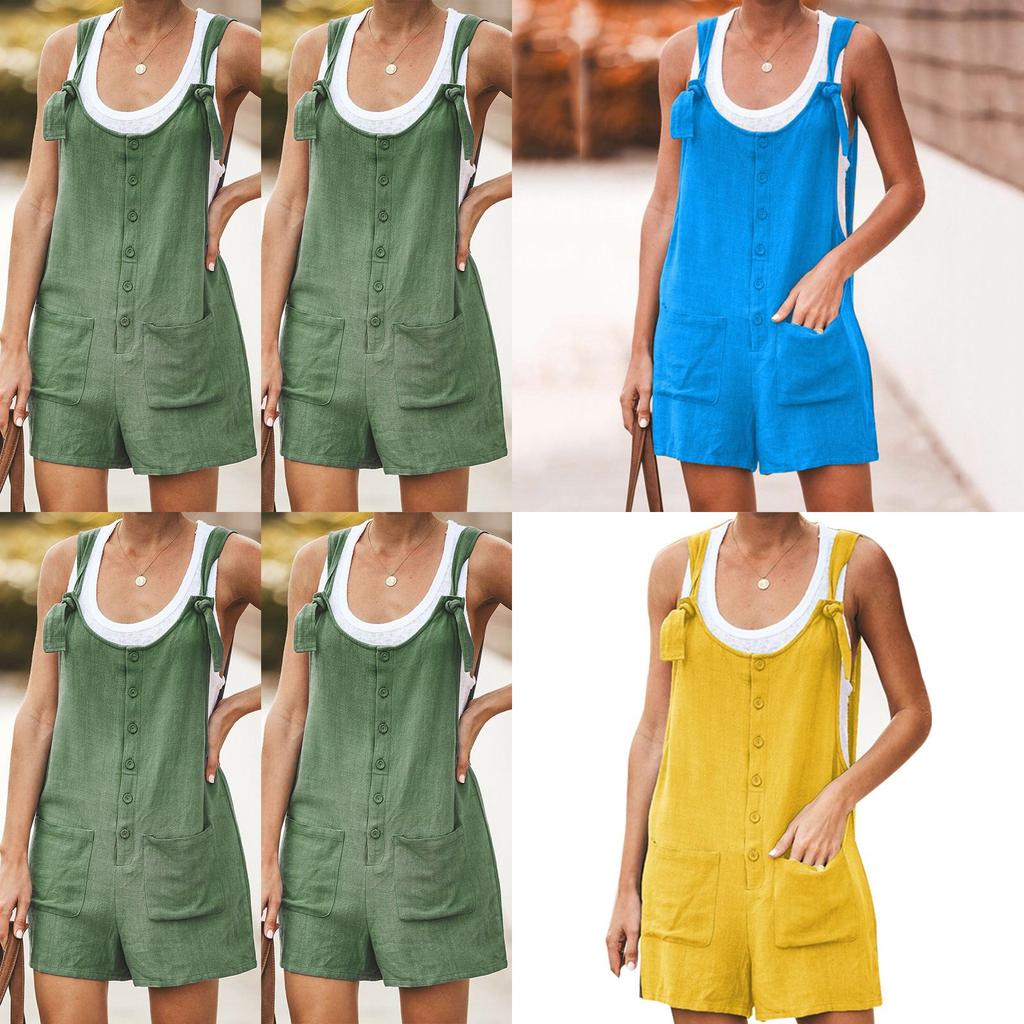 Comfortable Women's Sleeveless Jumpsuit Dungarees With Handy Pockets Overalls Shorts