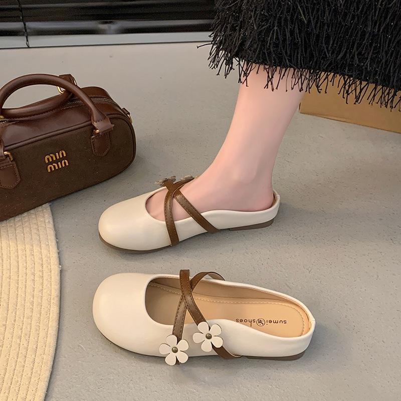 French Flat-bottomed Flower Bag Head Half Slippers Women's Outer Wear 2025 Summer Fairy Style with Skirt Mary Jane Sandals