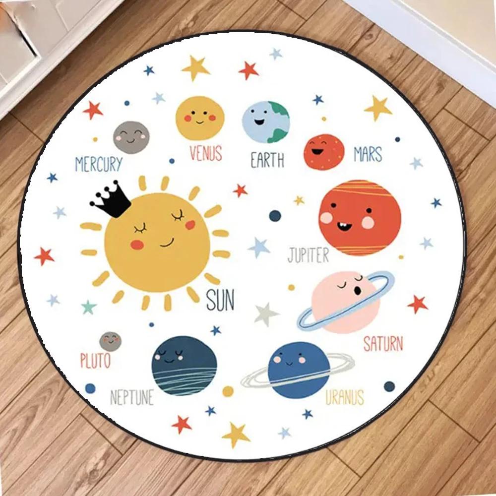 Kids Space Round Rug Collection Cartoon Planet Rocket Alien Pattern Educational Carpet For Children's Room Decor