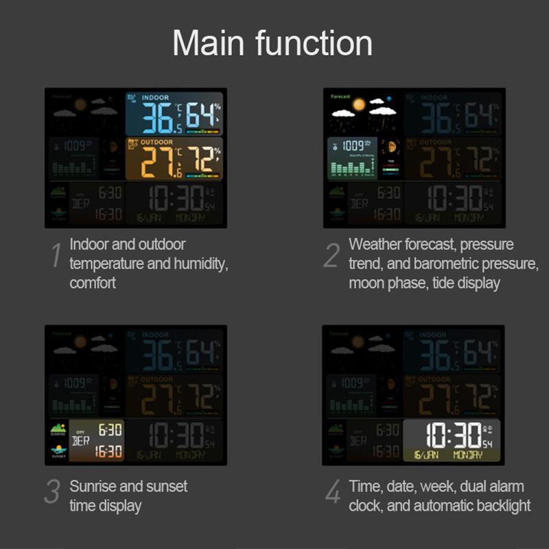 Drahtlose Wetterstation Großer Farbbildschirm Digitaler Doppelwecker Barometer Thermometer Hygrometer Wettervorhersagesensor