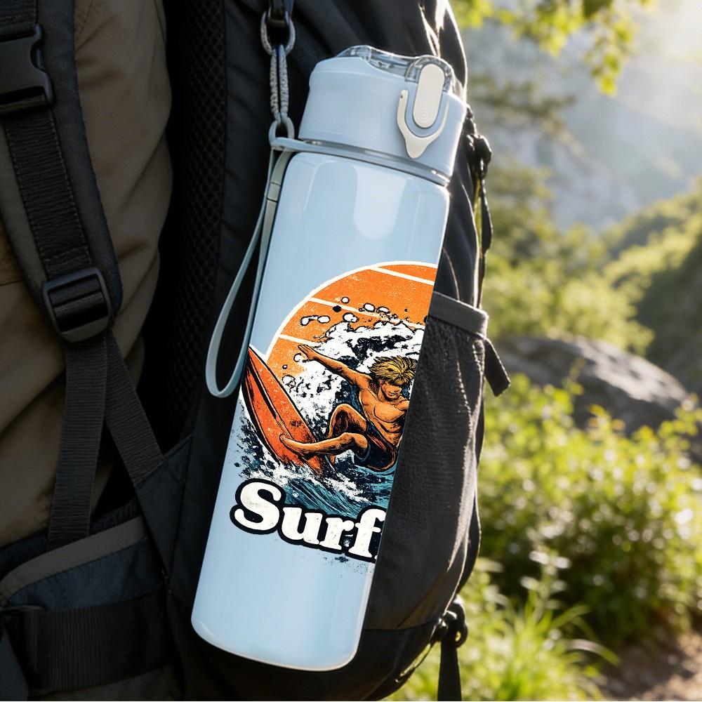 1PC Surfing Man Ocean Wave Retro Print 750ml Color Plastic Sports Water Bottle Leakproof Flip Straw Lid Suitable for Sports Office Home Use