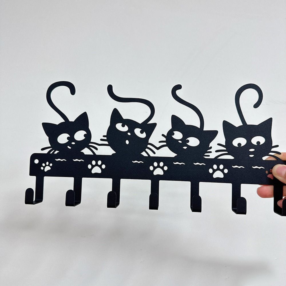 Stylish Nordic Black Cat Wall Hook Black Iron Cartoon Cat Coat Hook Wall Hanging Cat-Shaped Cat Wall Hat Hanger Home Decor