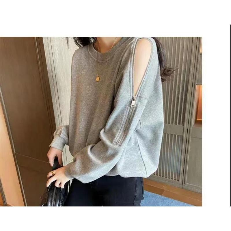 Women S Oversize Thin Autumn Long Sleeve Zip Off Shoulder Hoodie Loose Fit Solid Top