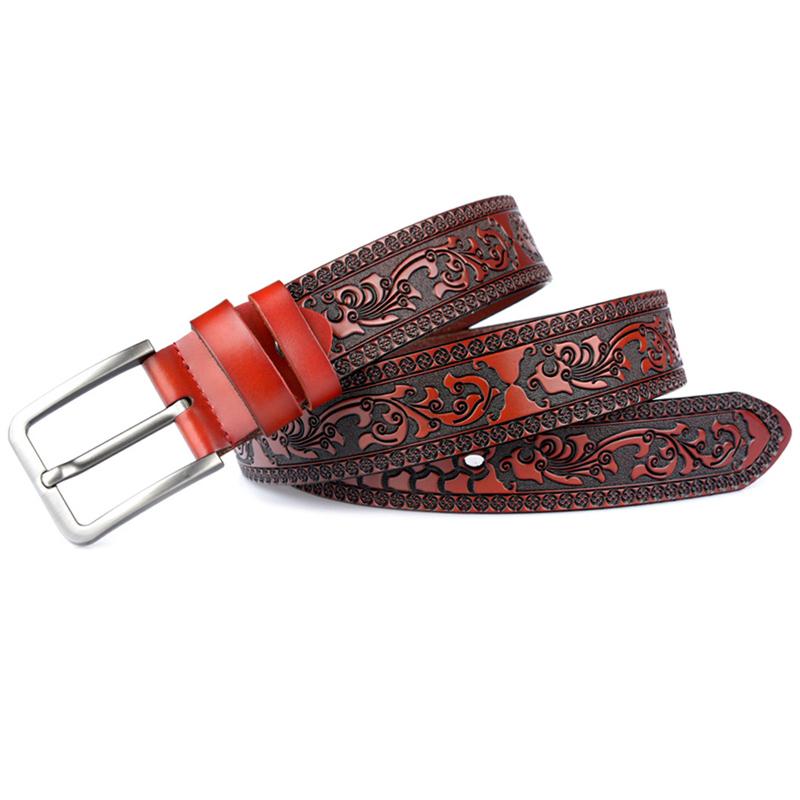 Cow Leather Embossing Belt Male Classic Vintage Pin Buckle Strap