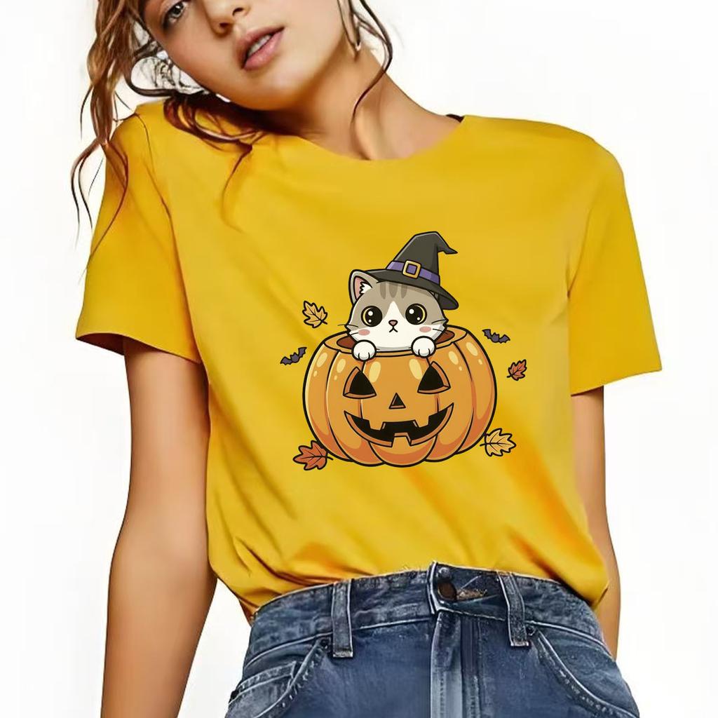 Halloween Pumpkin Kitten Printed Tshirt Casual Short Sleeve Suitable for Four Seasons Fashion Versatile Womens Tshirt
