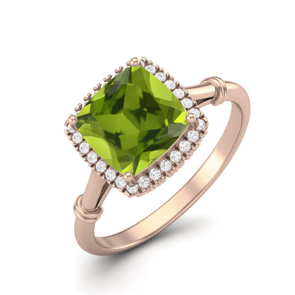 2.86 Ctw Cushion Peridot 925 Sterling Silver Rose Vermeil Solitaire Halo Women Wedding Ring