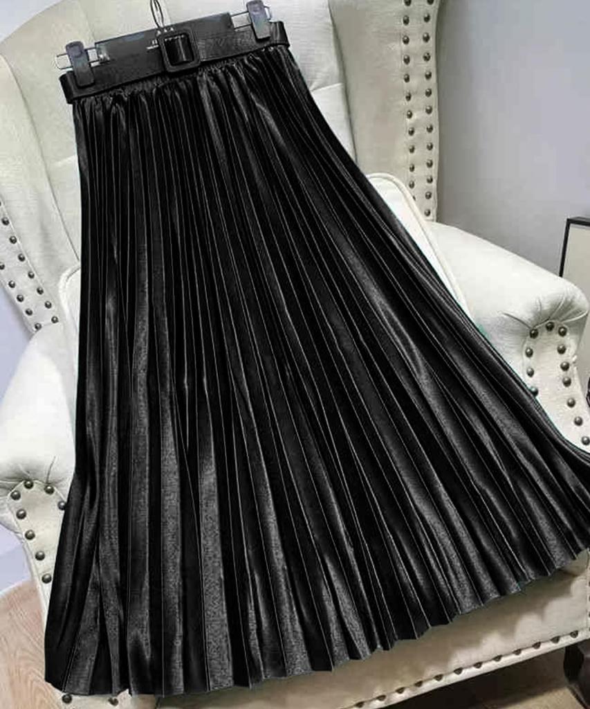 J.STORE Pleated Skirt, Shiny Flare Skirt, Formal, Casual, Wedding, Lolita, School, Solid Color, Summer, Black, 5S-J15-BKXL