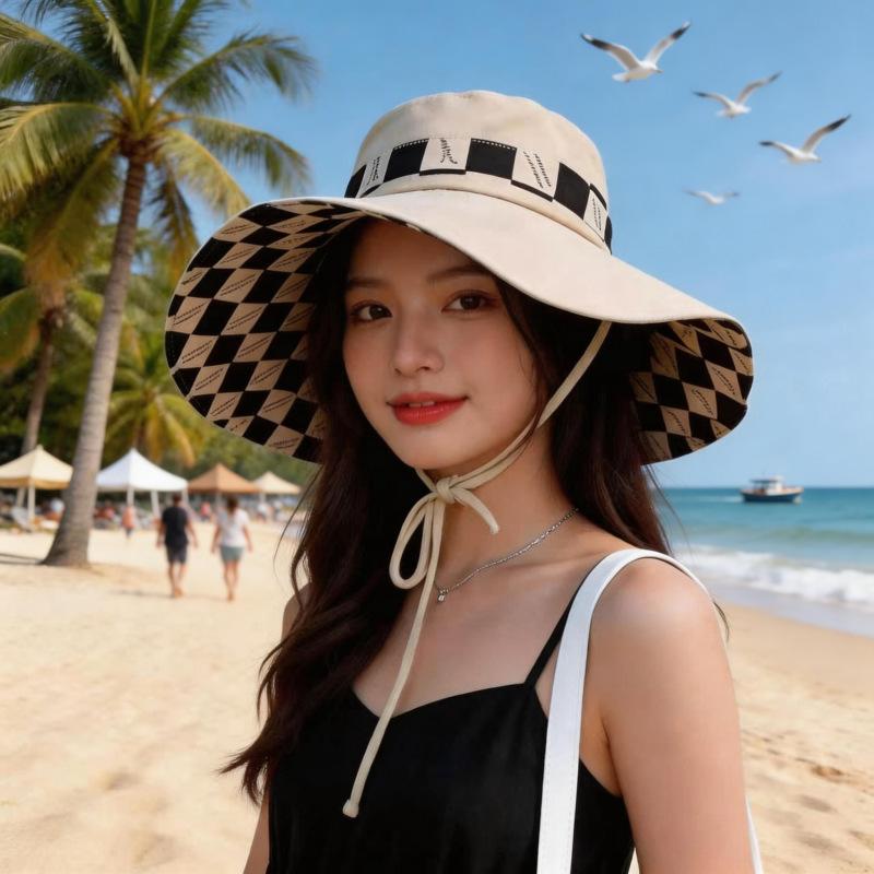 Double-sided plaid hat women's summer fashion versatile letter style large brim beach seaside vacation sun hat