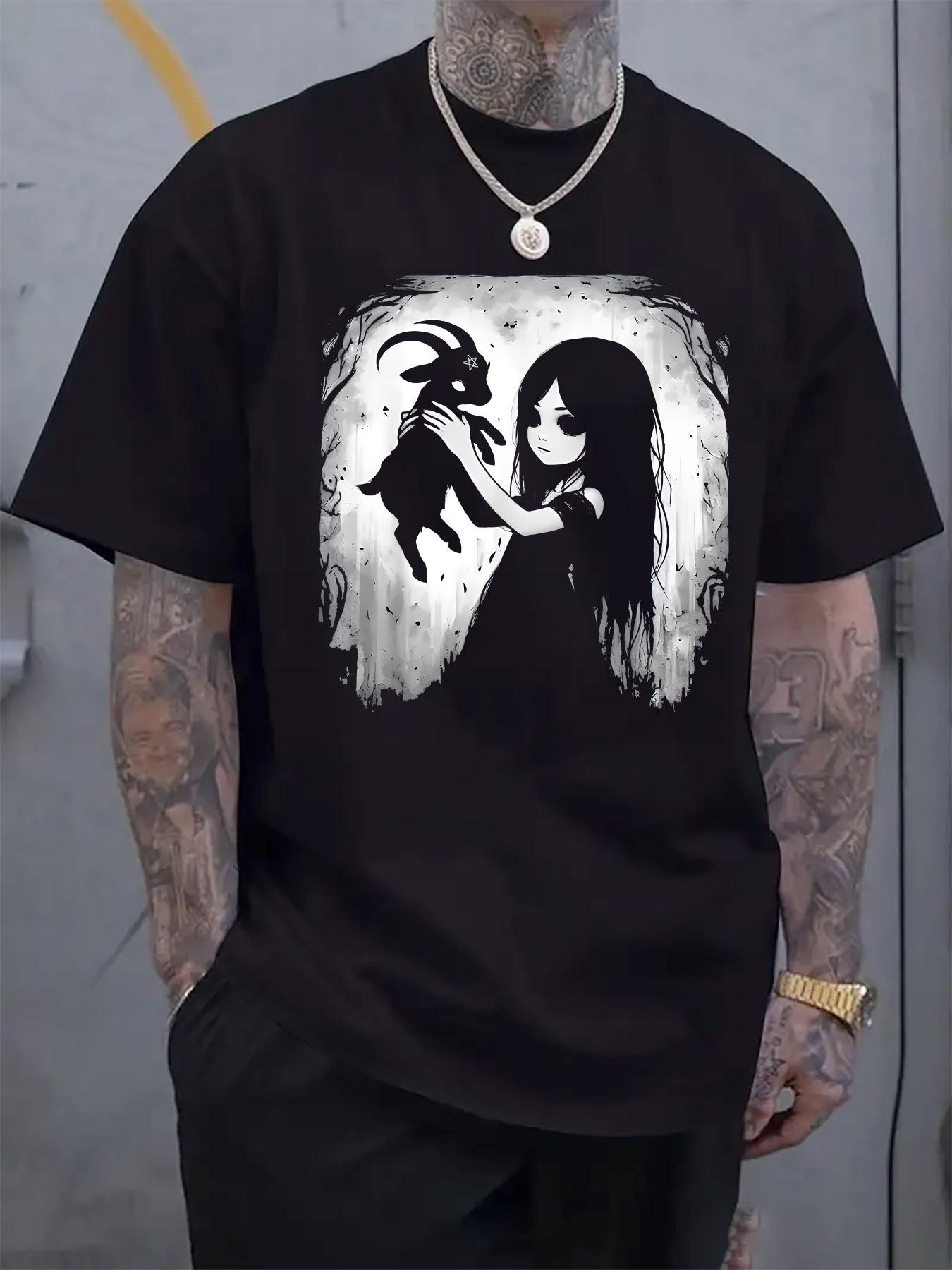 Casual Crew Neck Short Sleeve T-shirt with Black & White Fantasy Print - Regular Fit S