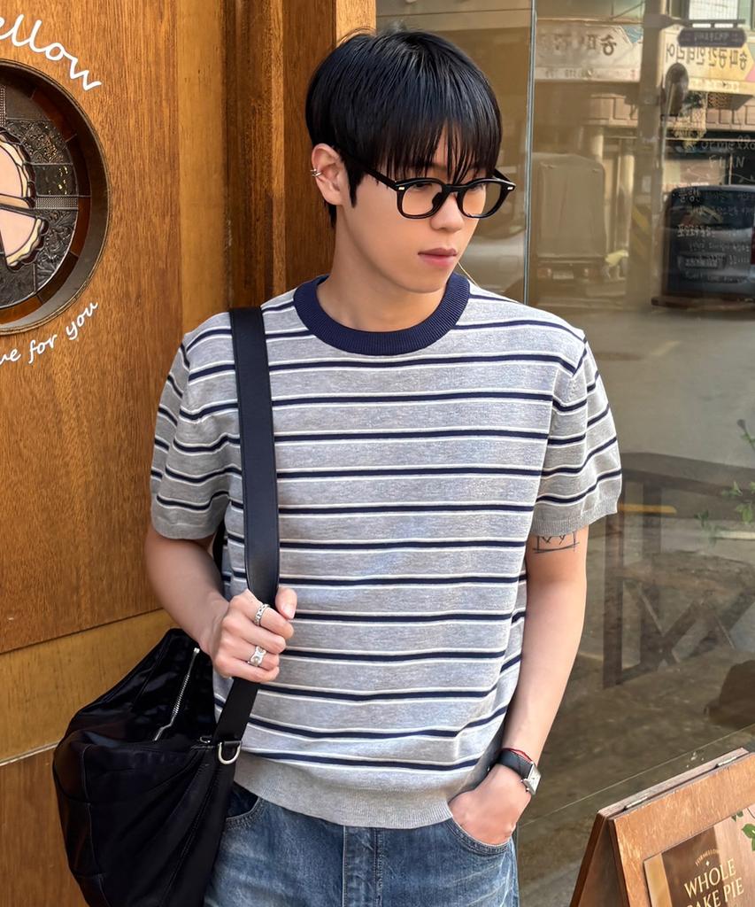 ECORR Multi-Stripe Ringer Crop Short Sleeve Knit_Gray