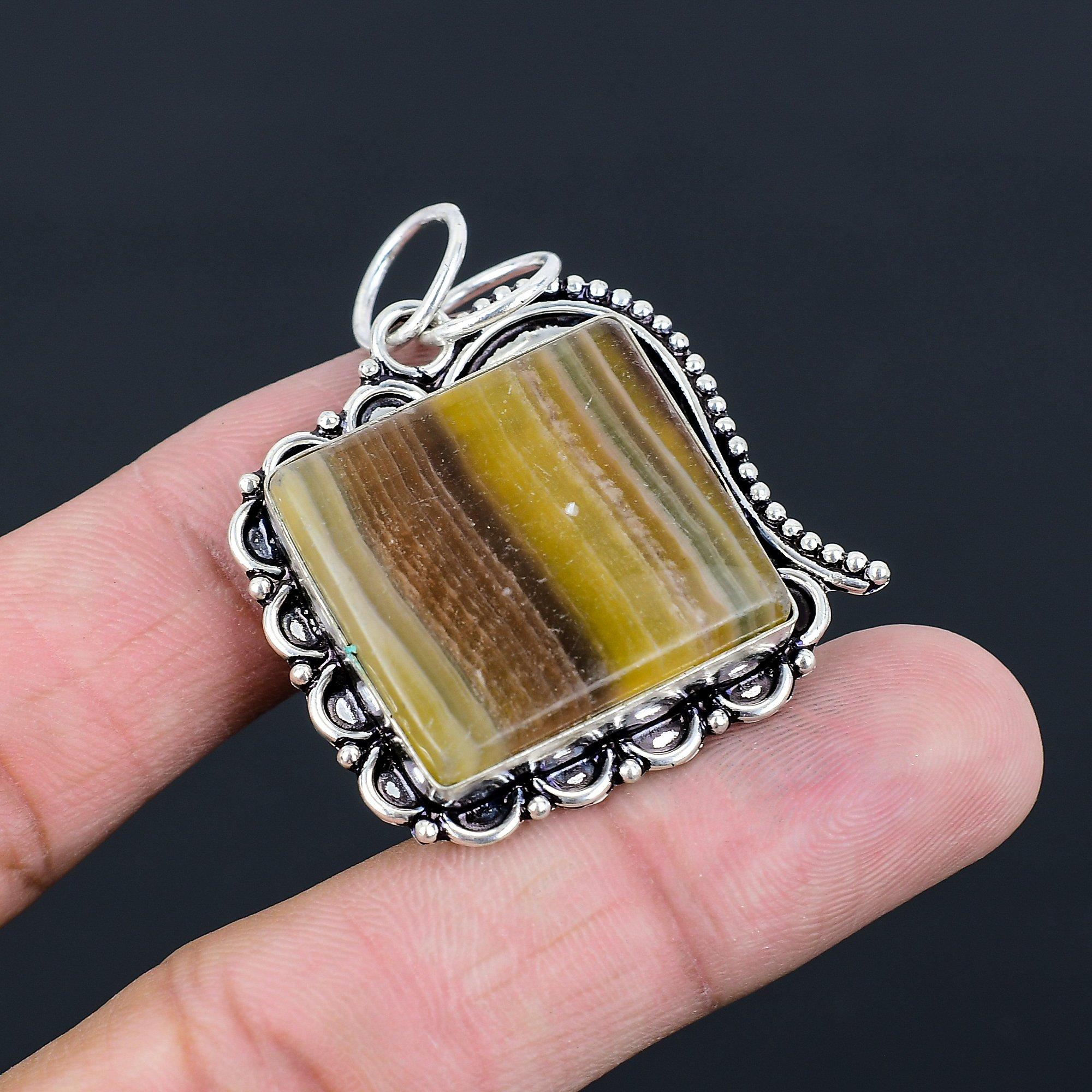 Square Third Eye Chakra Multi Fluorite Stone Bezel Engagement Pendant 925 Silver