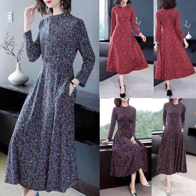 Fashion Women Casual  Winter Floral Printed  Long Sleeve Dress Dress