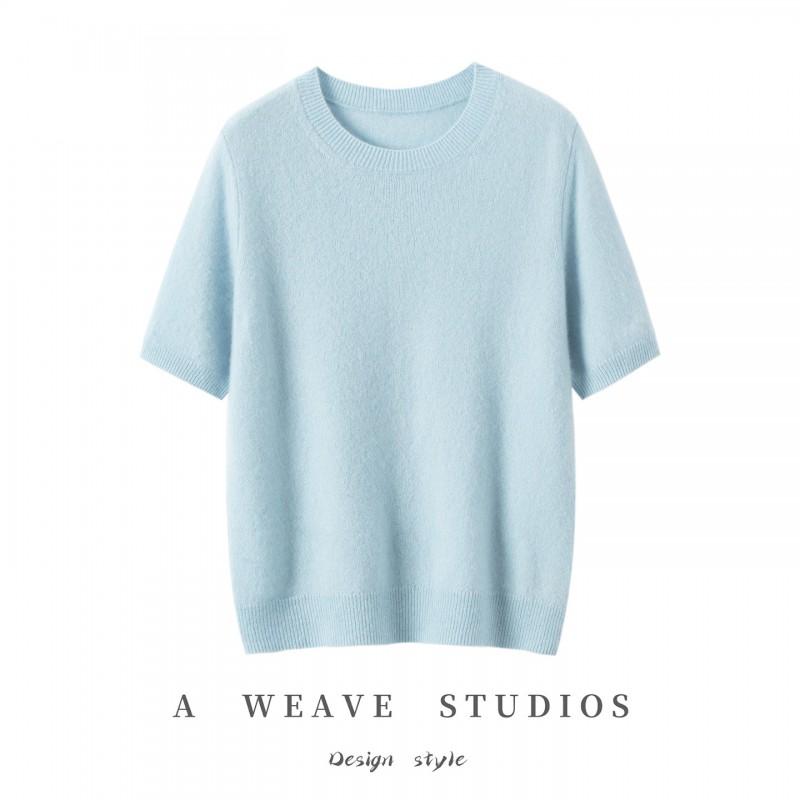 2026 Fall Winter Silk Cashmere Short Sleeve Sweater Women Crew Neck Solid Color Knit Top Commuter Thin