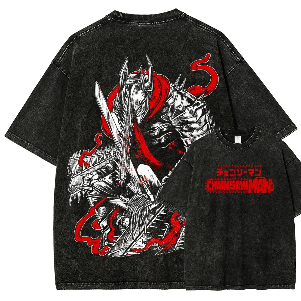 Chainsaw Man Anime Lover Washed T-shirt Year Round Clothing High Quality Personality Clothes Plus Size Unisex New Model Couples Tee