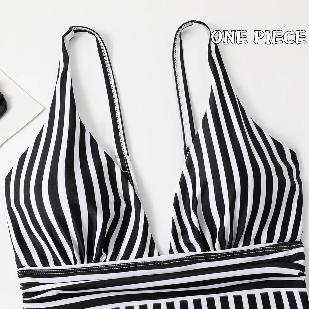 2024 Nové pruhované jednodílné plavky Vintage plavky Dámské plavky plavky s výstřihem do V Dámské letní plážové oblečení