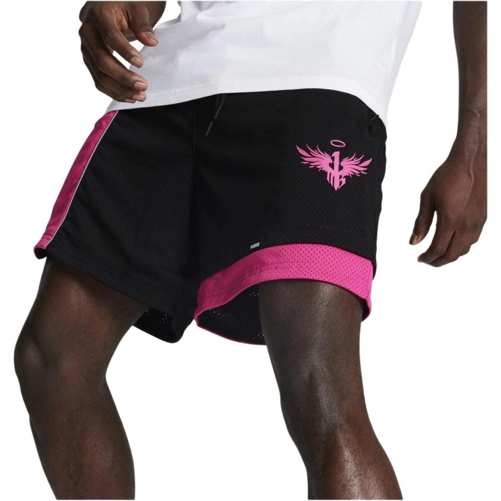 Puma X Lamelo Kollaboration Colorblock Schnür-Mid-Rise Freizeithorts Herrenshorts Schwarz Leuchtendrosa 623288-01