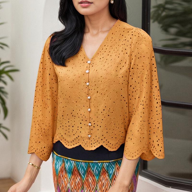 

ZANZEA Women Casual 3/4 Sleeve Hollow Lace Crochet Patchwork Cover Up Blouse 5XL жёлтый