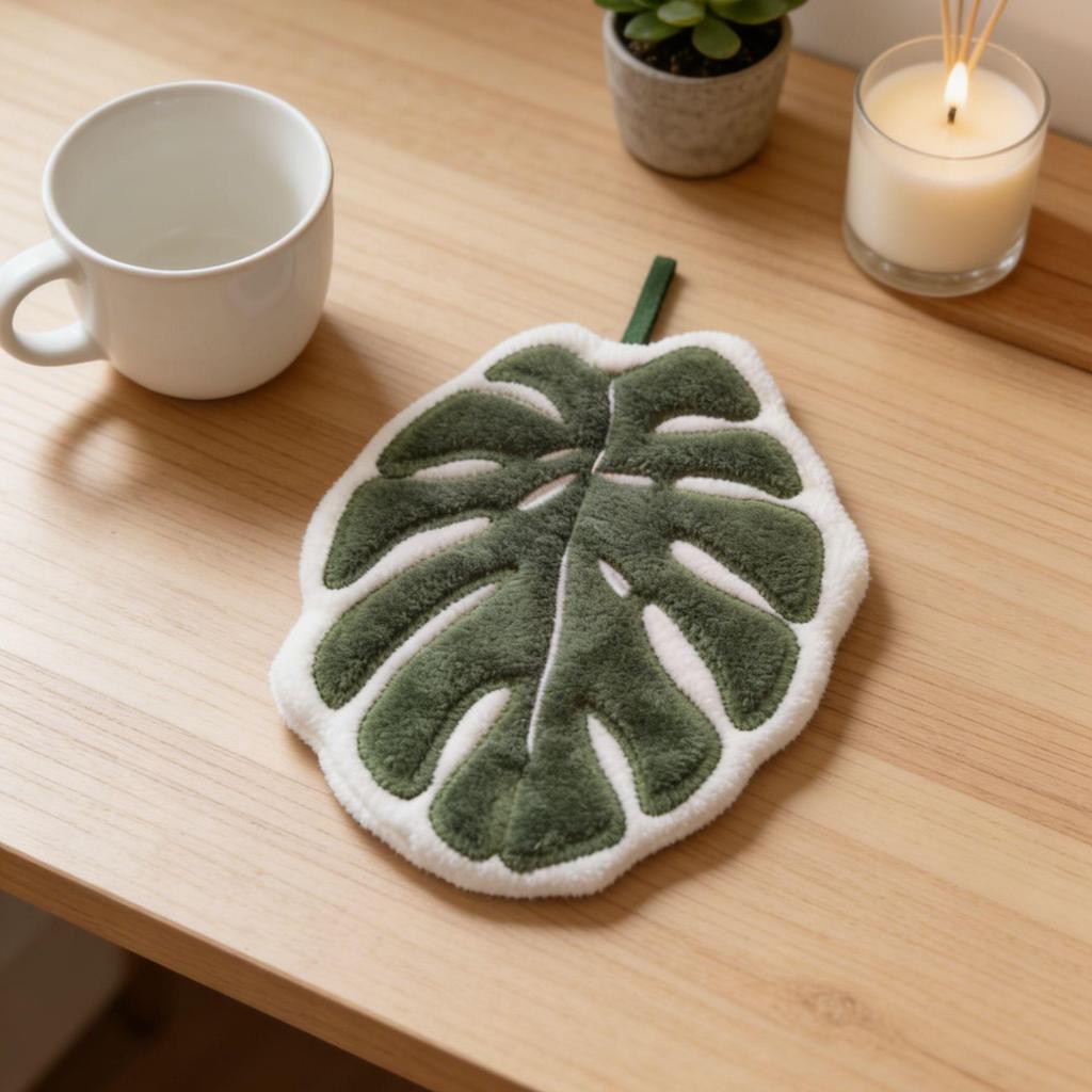 Leaf-Shaped Coral Fleece Hanging Hand Towel for Kitchen & Bathroom Cleaning