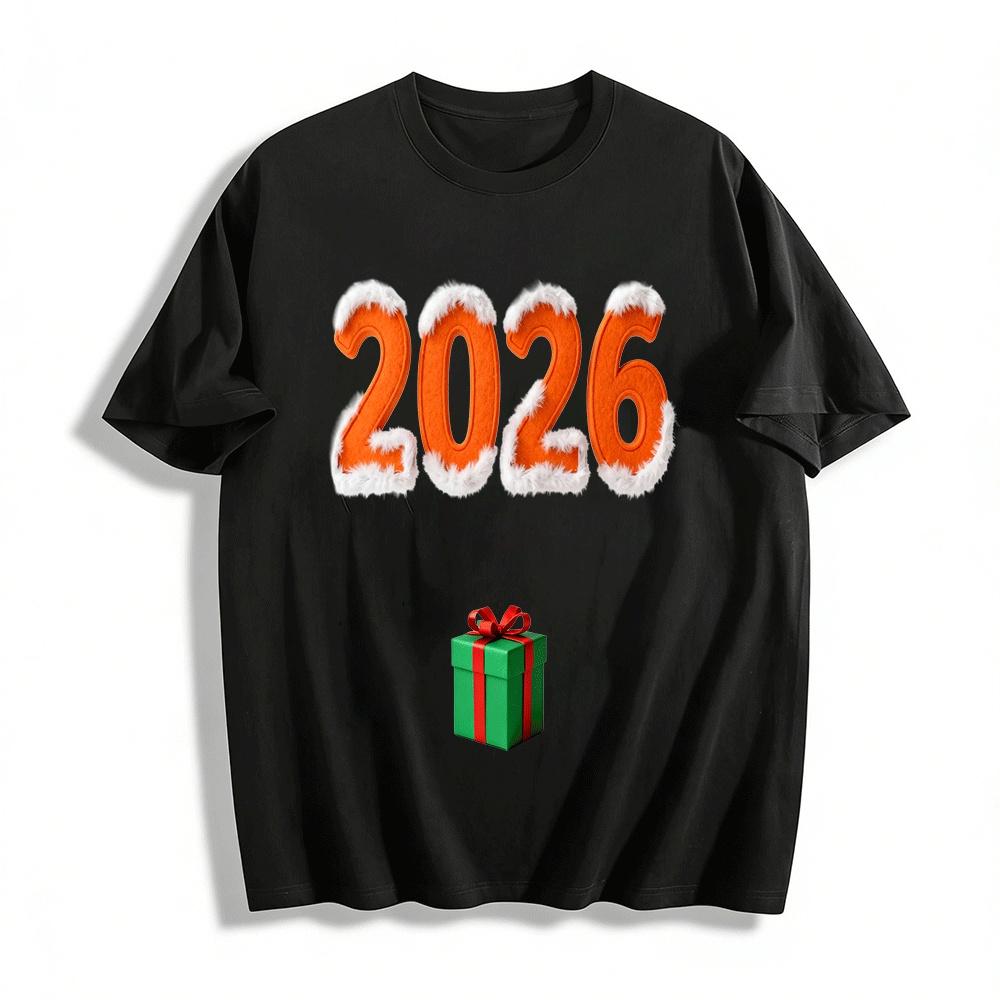 

2026 New Year Themed Plush Trim Number Print Casual Top Pure cotton T-shirt XXS