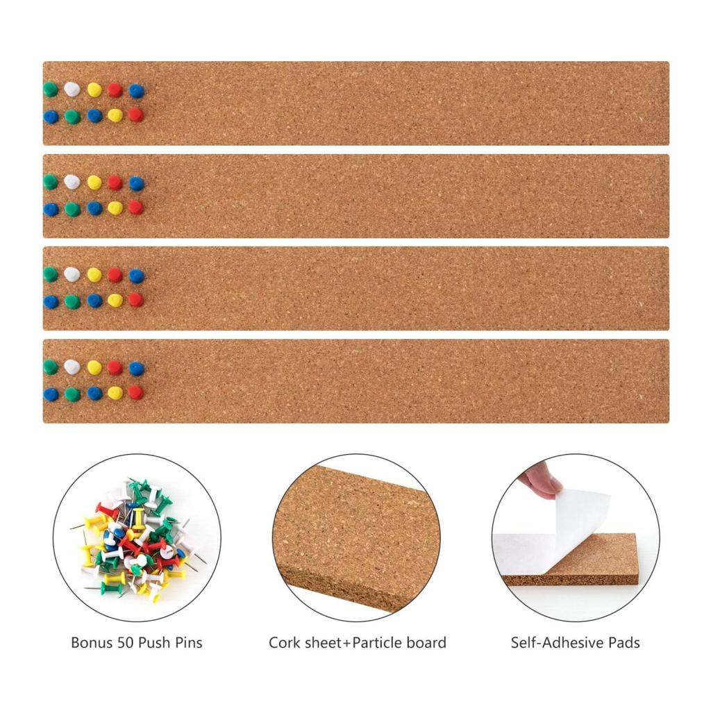 4 Pieces/set, Corkboard Bulletin Board Strip, Thick, Frameless Corkboard Strip, with 50 Mixed Color Thumbnails, The Color of The Thumbnails Is Random