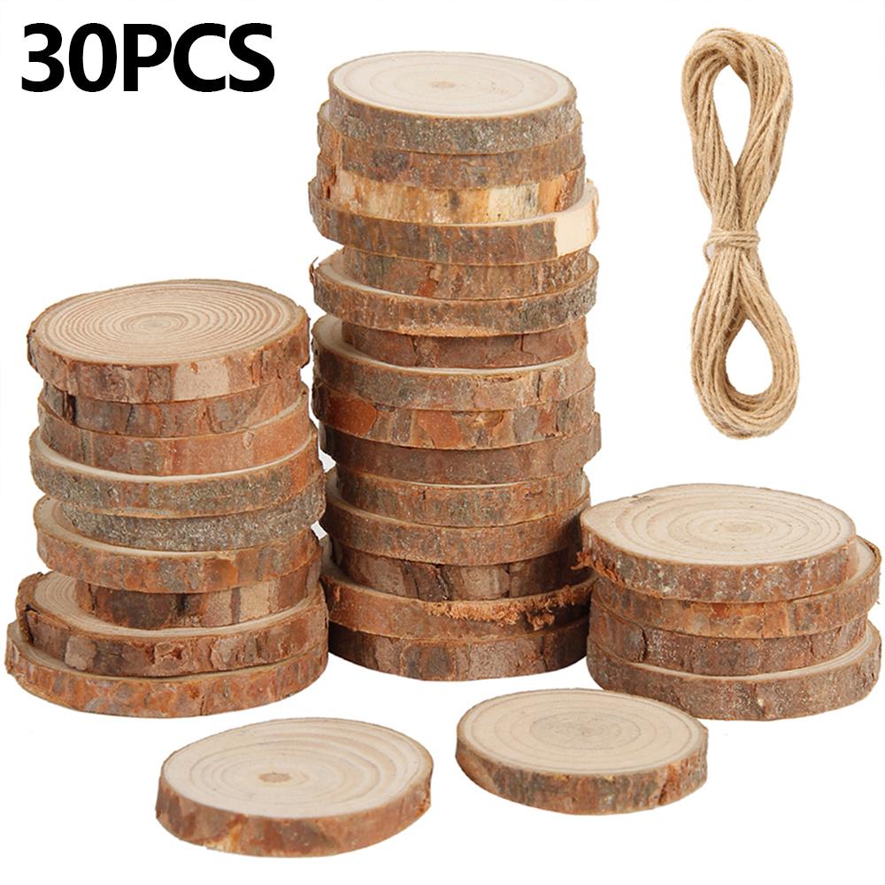 30/60 Stück Natürliche Holzscheiben DIY Holz Weihnachtsbaumschmuck 3-4cm Rund Unbehandelte Rustikale Holzstücke Dekoration für Hochzeitsfeier