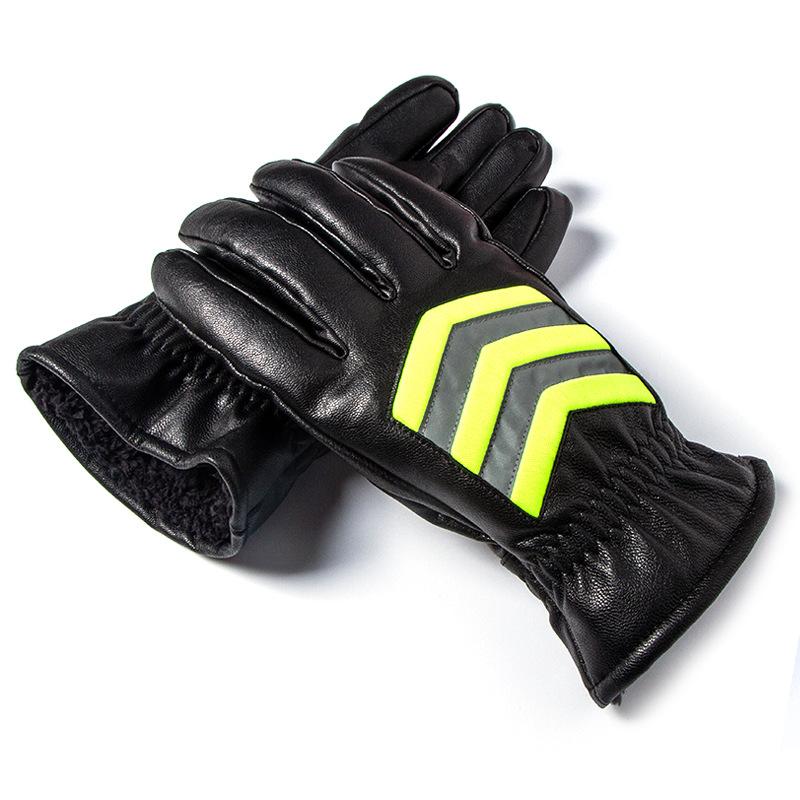 Night Cycling Traffic Command Fluorescent Reflective Plus Velvet Thickened Security Guard Duty White Bend Finger Goat Leather Genuine Gloves