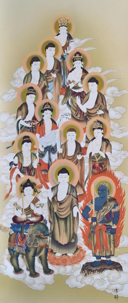 Sunny Town Gallery Hanging Scroll Buddhist Painting Thirteen Buddhas by Nakayama Setsuson, Rakusai Damask Buddhist Mounting, Shaku-san, 44.5 x 164cm