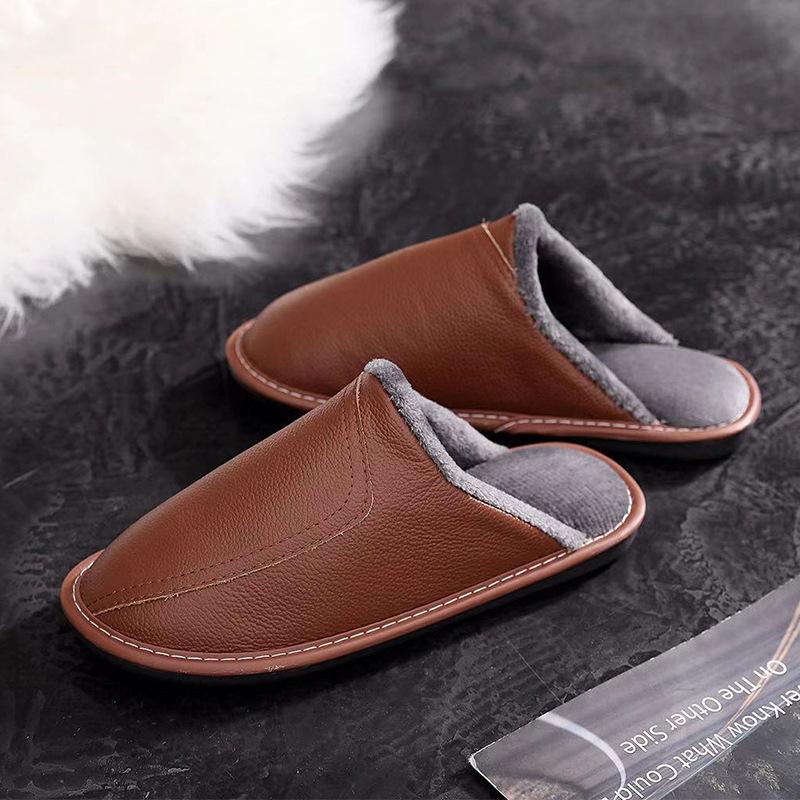 Fashion Autumn and Winter Slippers for Men and Women Indoor Leather Slippers for Home Leisure Thickened Top Layer Leather Slippers