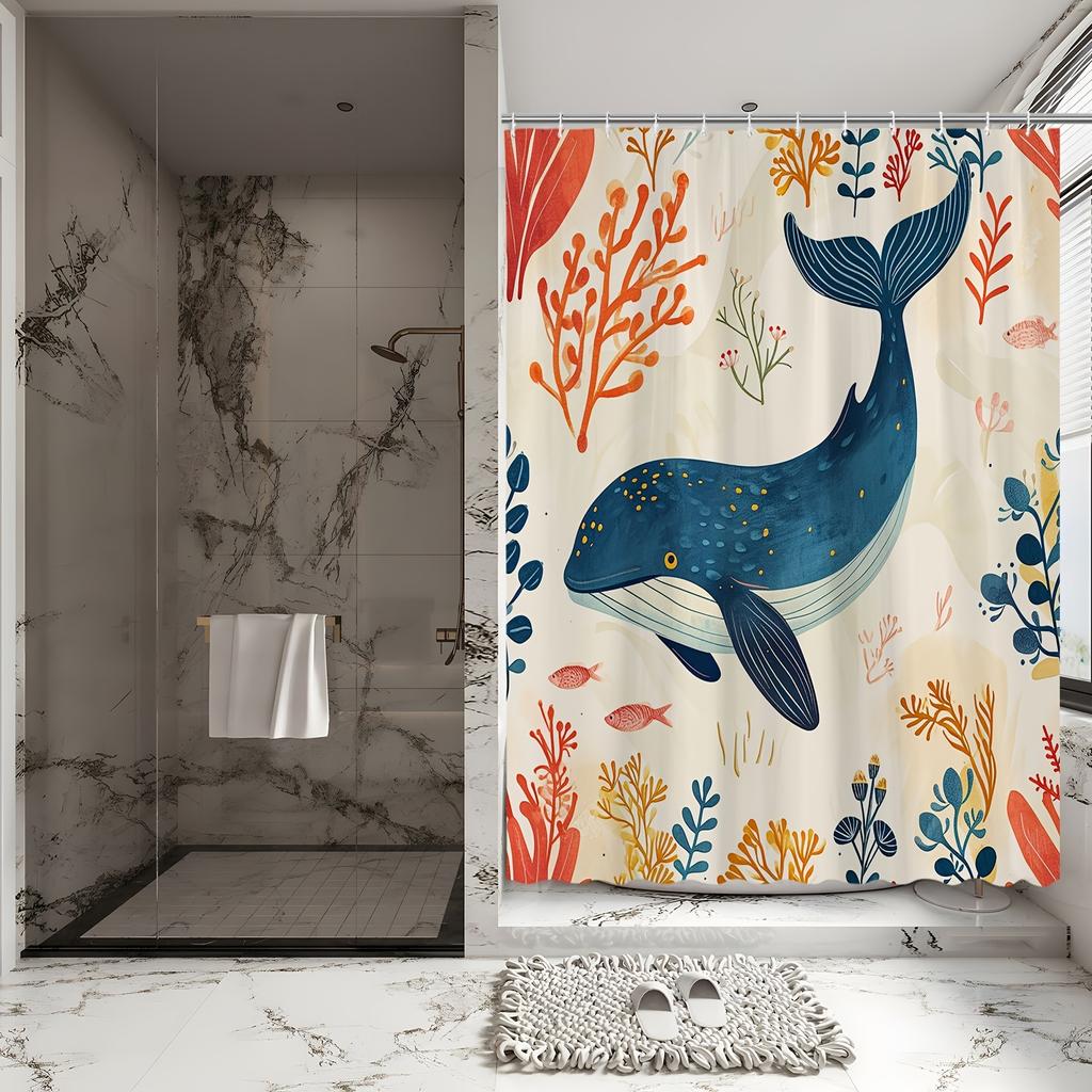Whale Underwater Shower Curtain – Ocean Scene, Blue Whale, Coral Fish & Sea Plants, Hand-Drawn Style, Polyester