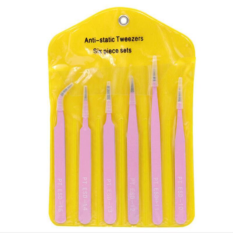 Stainless Steel ESD Multi-colored Tweezers Set, 6 Non-magnetic Precision Tweezers with Straight, Elbow, Flat and Pointed Tips