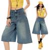 Trendy Vintage Heavy Patch Pocket Loose Straight Distressed Cropped Capri Denim Pants For Women Versatile Slimming FigureFlattering Casual Bottoms