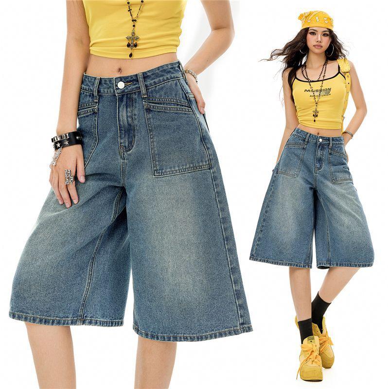 Trendy Vintage Heavy Patch Pocket Loose Straight Distressed Cropped Capri Denim Pants For Women Versatile Slimming FigureFlattering Casual Bottoms