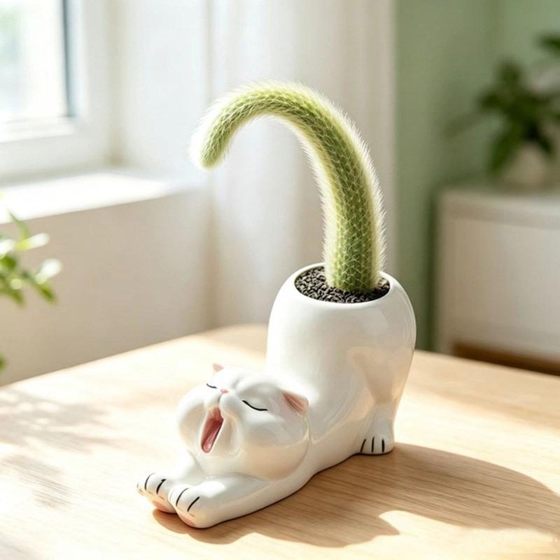 Animal Figure Ceramic Planter Flower Pot, Tabletop Plant Holder for Desk Display, Shelf Placement, Windowsill and Indoor Home Use