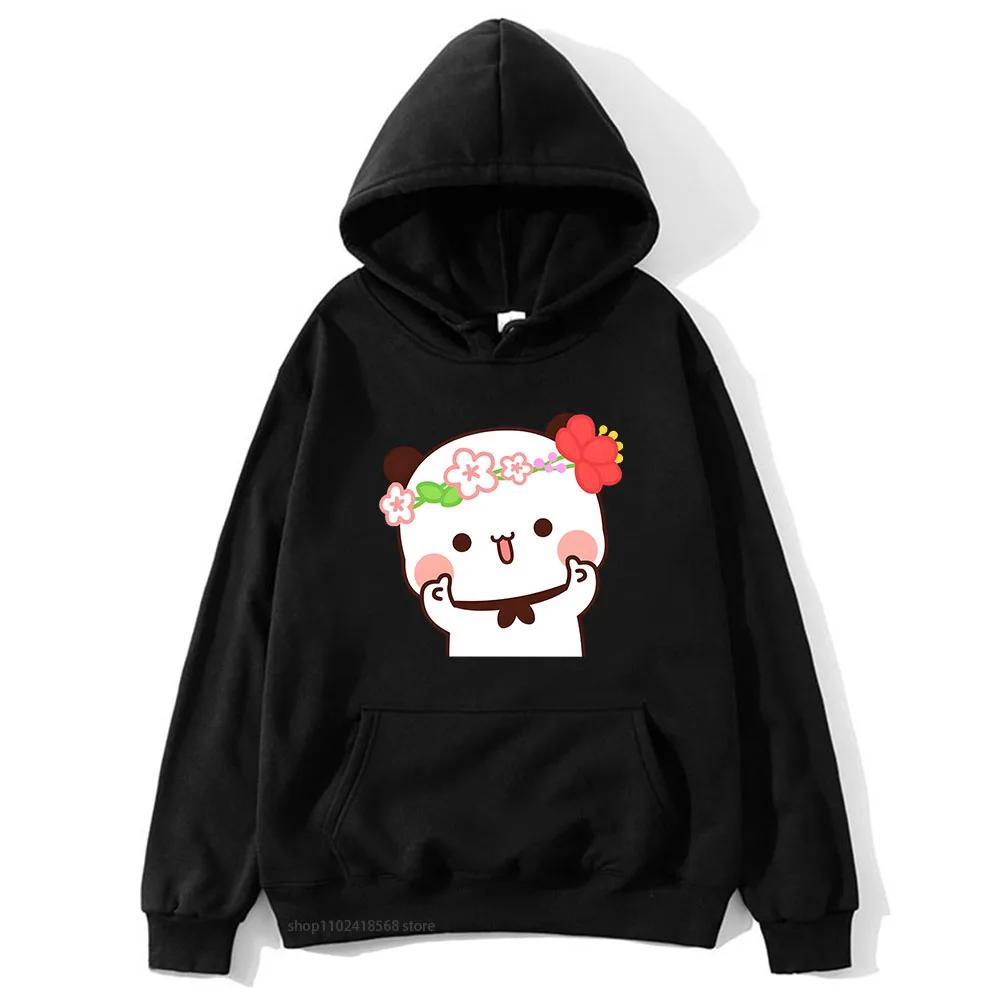 Cute Pretty BuBu Panda in Flowery Head Piece Hoodie DuDu Bear Dancing and Playing with A Guitar Sweatshirt Women Tops