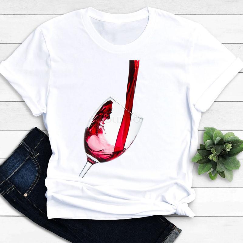 Womens Vintage Tee Color Wine Glass Print a Generation Hair Base Shirt Trend Aesthetic Graphic T Shirts Casual Tops