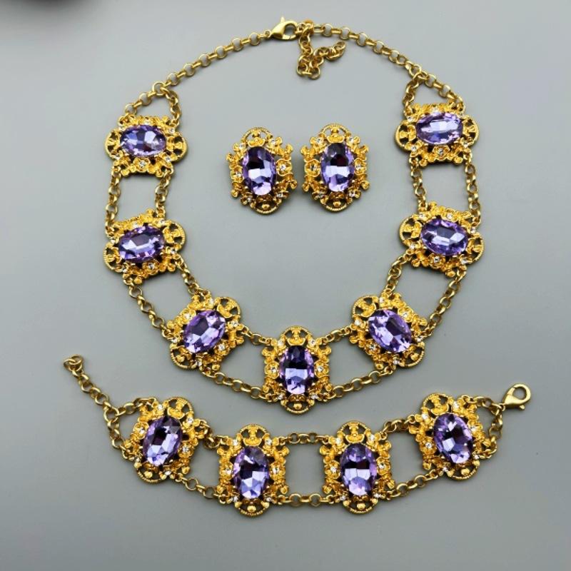 Винтажный Французский Элегантный Шарм Таинственный Фиолетовый Стеклянный Эллиптический Ювелирный Набор Колье Серьги Браслет