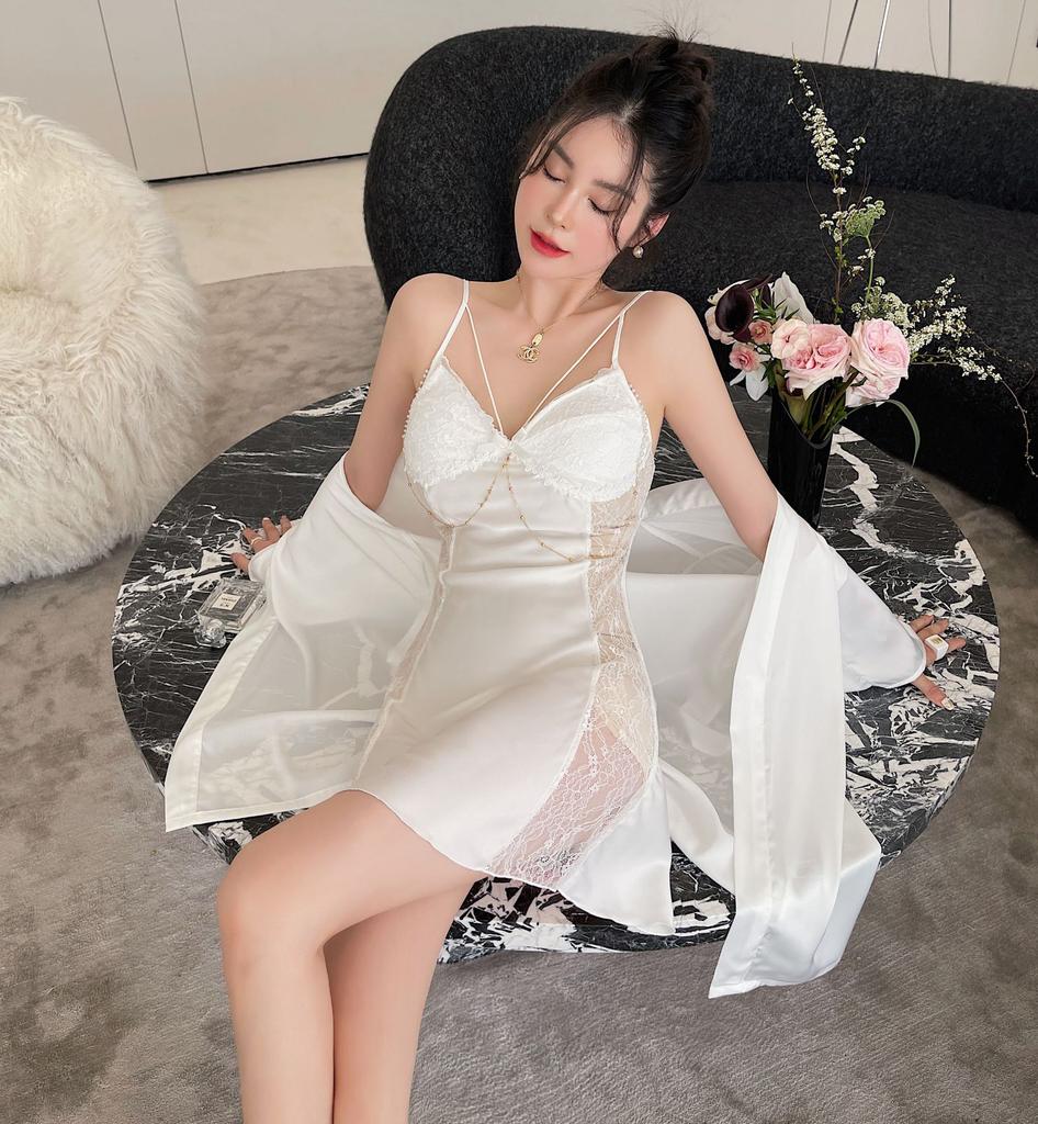 Sexy Pyjamas Damen Eis Seide Sommer Neue Modelle mit Brustpolstern, Spitze Ausgeschnitten, Reiner Verlangens-Stil Träger Nachthemd, Zweiteilige Loungewear