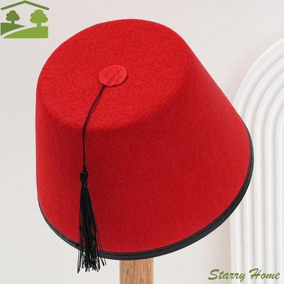 Universal Round Felt Fez Cap Moroccan Hat Red Color Tarboosh Fez Hat Cosplay Breathable Turkish Tassels Cap Party Hat