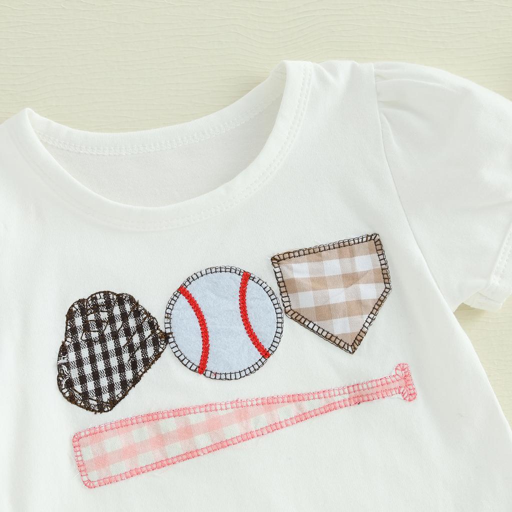Baby Toddler Girl Shorts Set Baseball Embroidery Puff Sleeve Ruffle Tops Plaid Lace Trim Shorts 2 Piece Summer Outfit