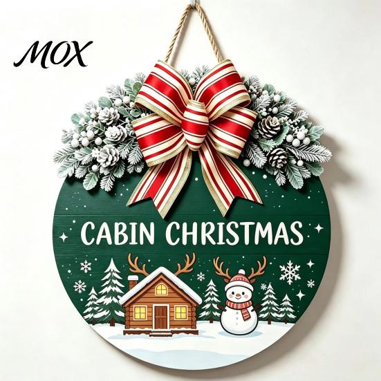 Festive Home Decoration Christmas Wooden Welcome Sign for Front Door, Round Hanging Ornament with Rustic Winter Wreath Artificial Pine Branches & Bow