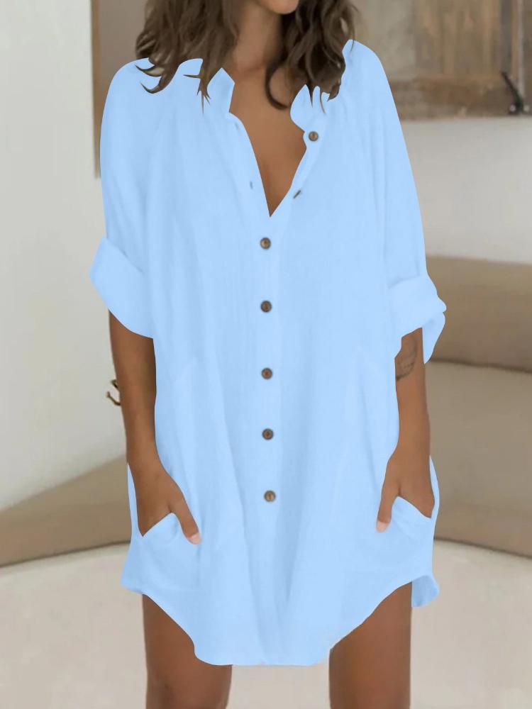 

Women S Casual 100% Button-Up Shirt Dress, Easy Solid Color, Three-Quarter Sleeves, Short Length, Suitable for Daily Work In Spring And Summer 2XL синій