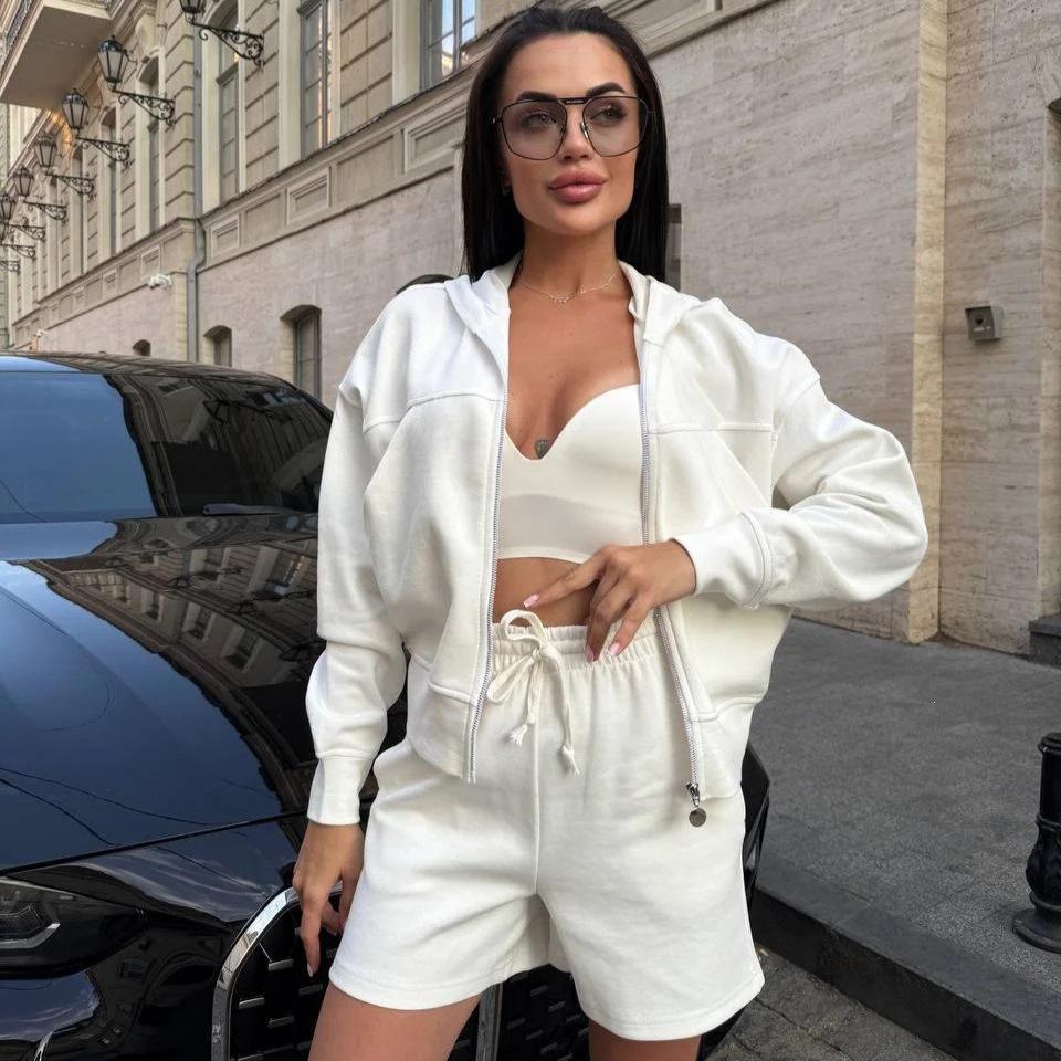 European and American casual women's suit long-sleeved zipper hooded cardigan pocket sweater strappy shorts two-piece set women