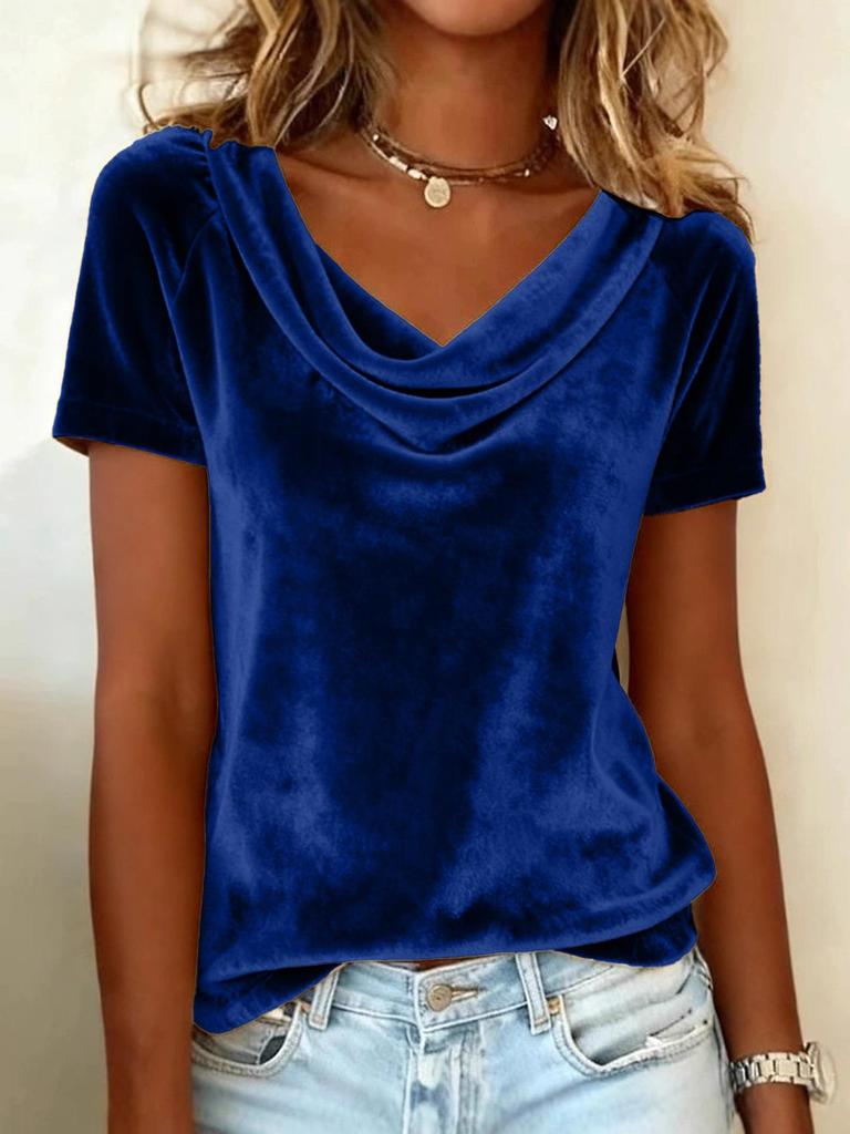 2025 Women's Velvet Swing Collar Short Sleeve Solid T-shirt