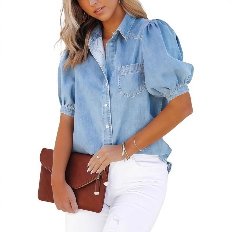 Chemise en jean à manches bouffantes pour femme Boutons devant Manches courtes Décontractée Multicolore