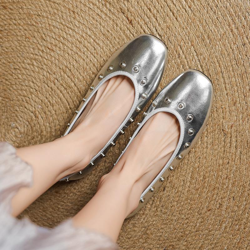 

French Retro Rivet Shallow Mouth Single Shoes for Women s Spring and Summer New Style Detachable Flower Round-toe Mary Jane Shoes Flat Ballet Shoes 35