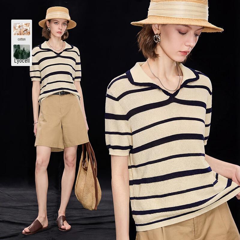 Women s Premium Tencel Blend V-Neck Striped Knit Top M