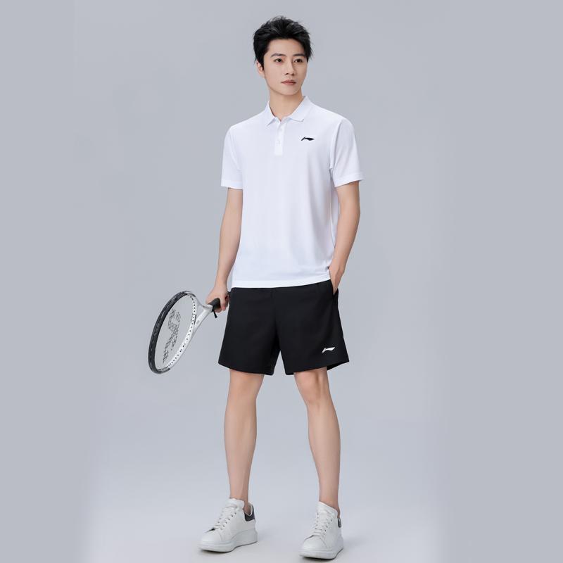Li Ning Logo Print Quick-Dry Loose Polo Short Sleeve Mid-Waist Tied Shorts Casual Sports Set Unisex sets APLU799-1+AAPU225-1